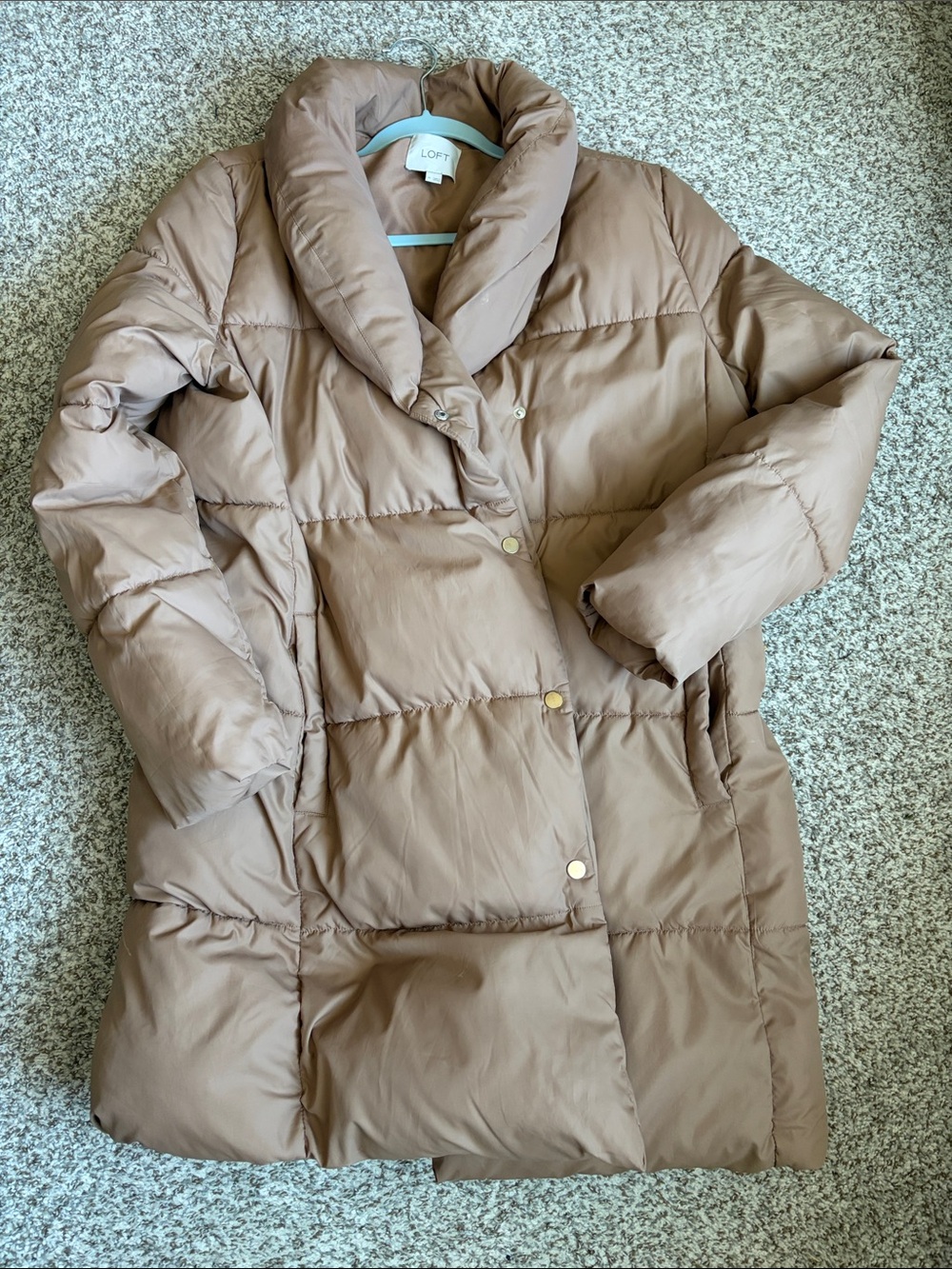 LOFT Neutral Taupe Quilted Puffer Coat with Shawl Collar